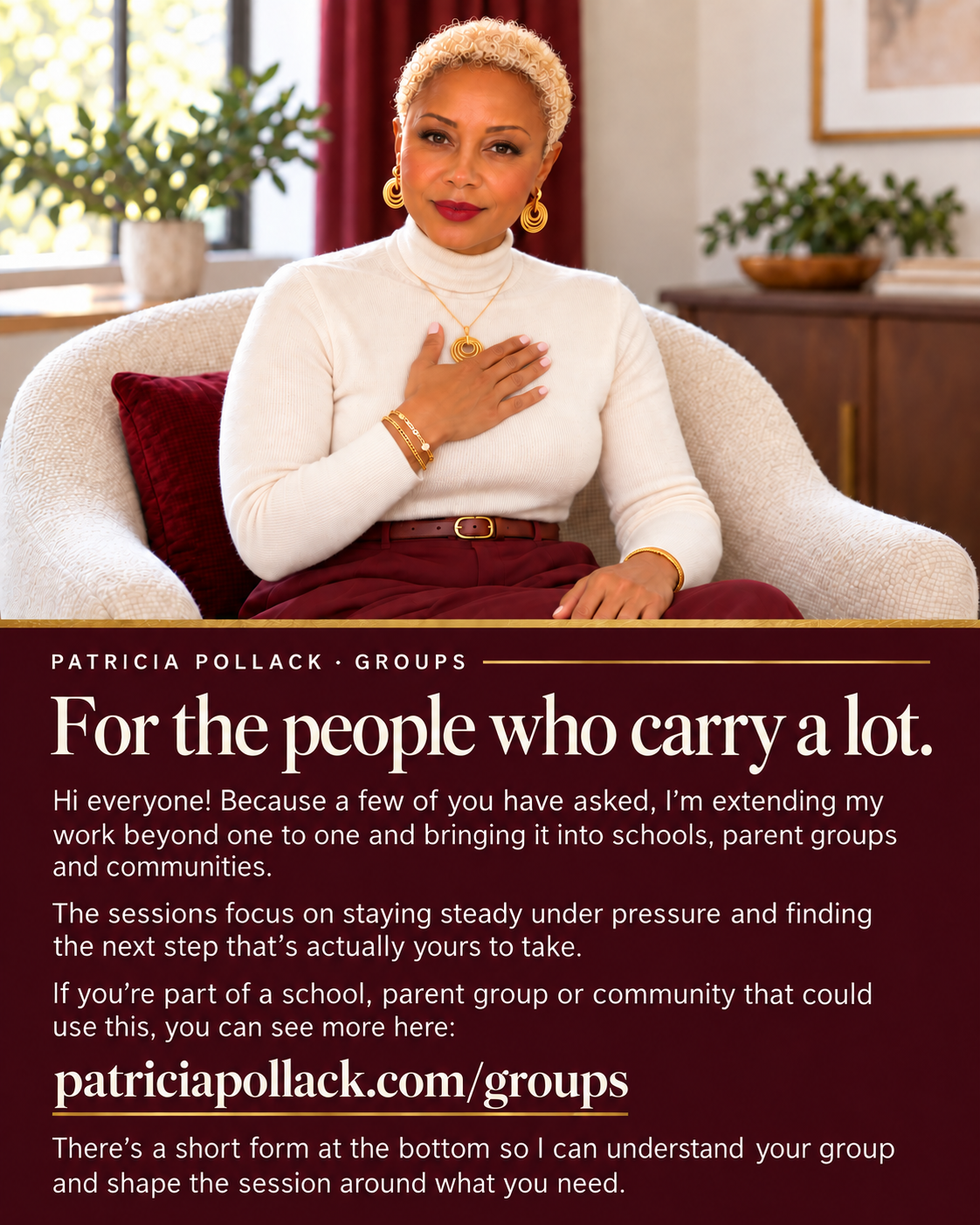 Patricia Pollack looking into the camera with her hand over her heart